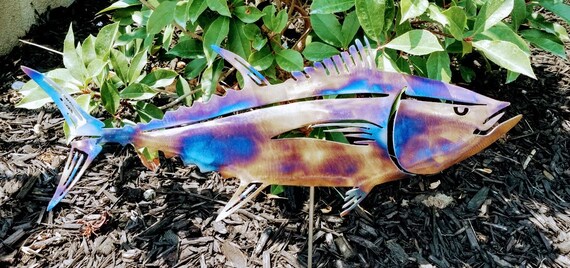 Flame torch finish metal tuna yard and wall art. Ocean décor. Garden art.