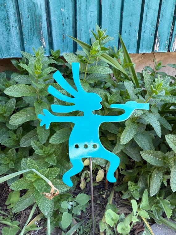 Kokopelli teal powder coat finish with 12 inch detachable garden stake.