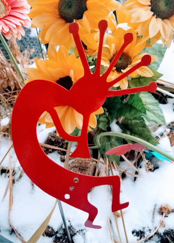 Kokopelli Red glitter industrial powder coated  southwestern garden yard   w/ detachable stake