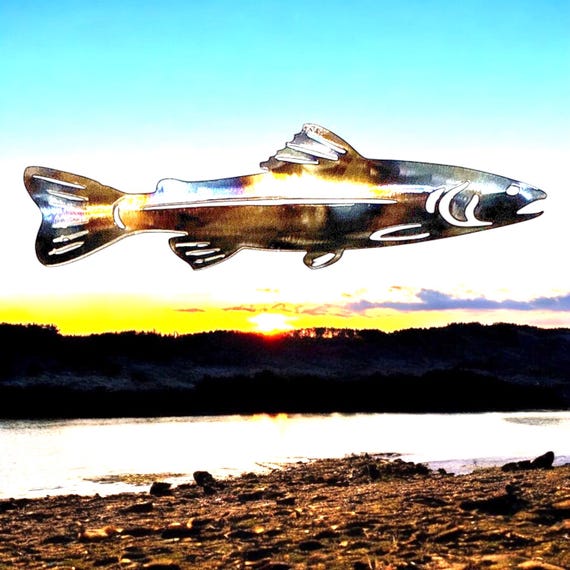 Metal lake Trout wall and garden art made out of steel with flame torch high gloss finish