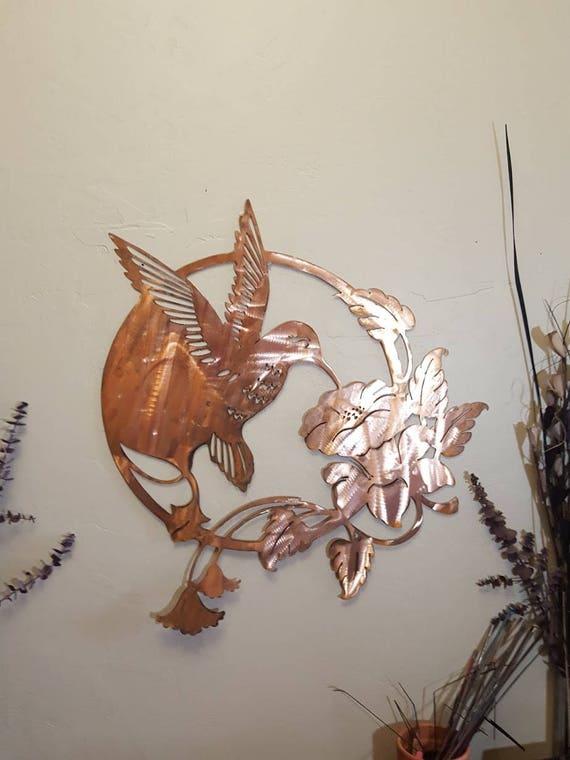 Humming bird and flowers/wall art/garden art/steel plasma cut/copper patina
