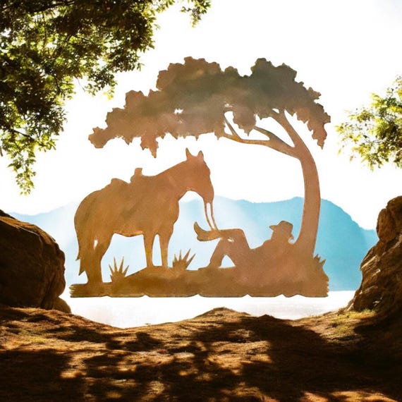 Cowboy relaxing under tree with horse metal wall art with distressed rust finish