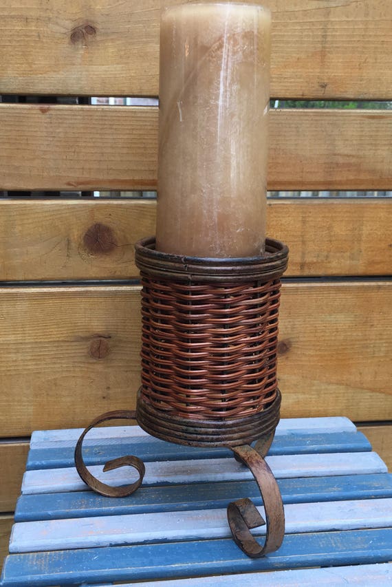 Vintage wicker and wrought iron candle holder. Pillar candle Etsy