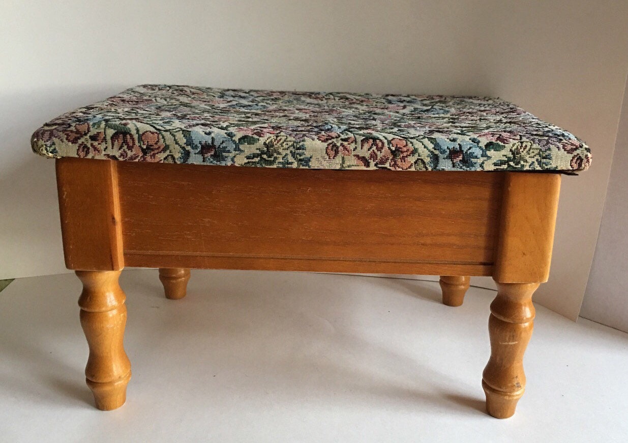 Mid century footstool sewing box. Tapestry top footstool with Etsy