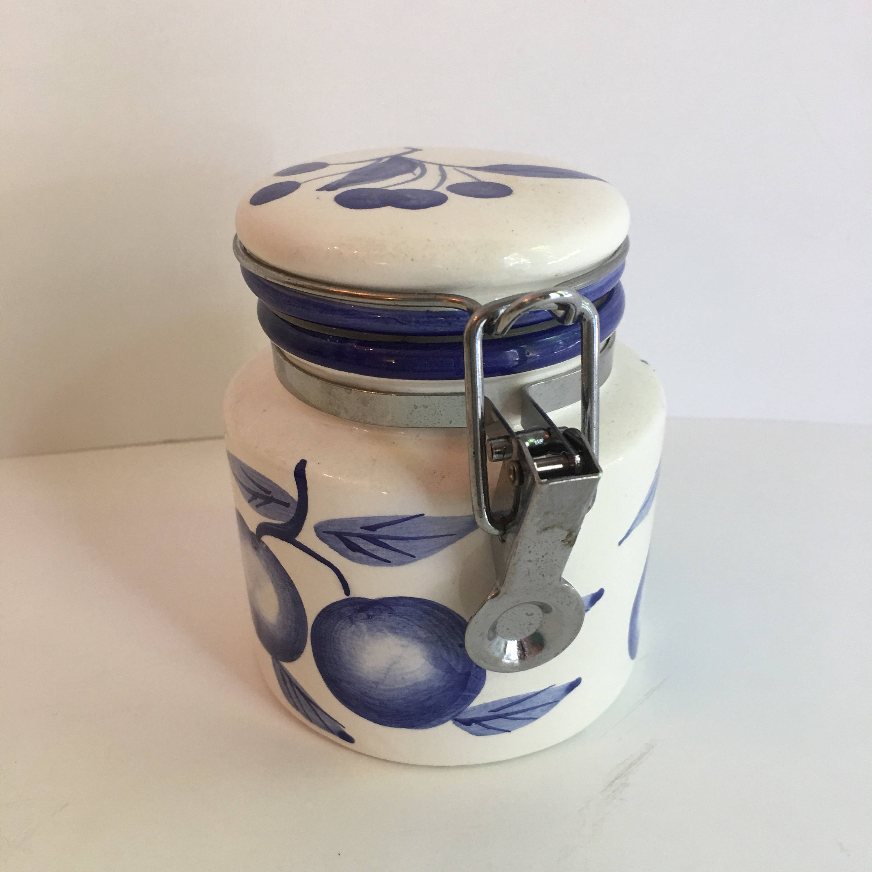 Small vintage blue and white canister with lid. Condiment Etsy