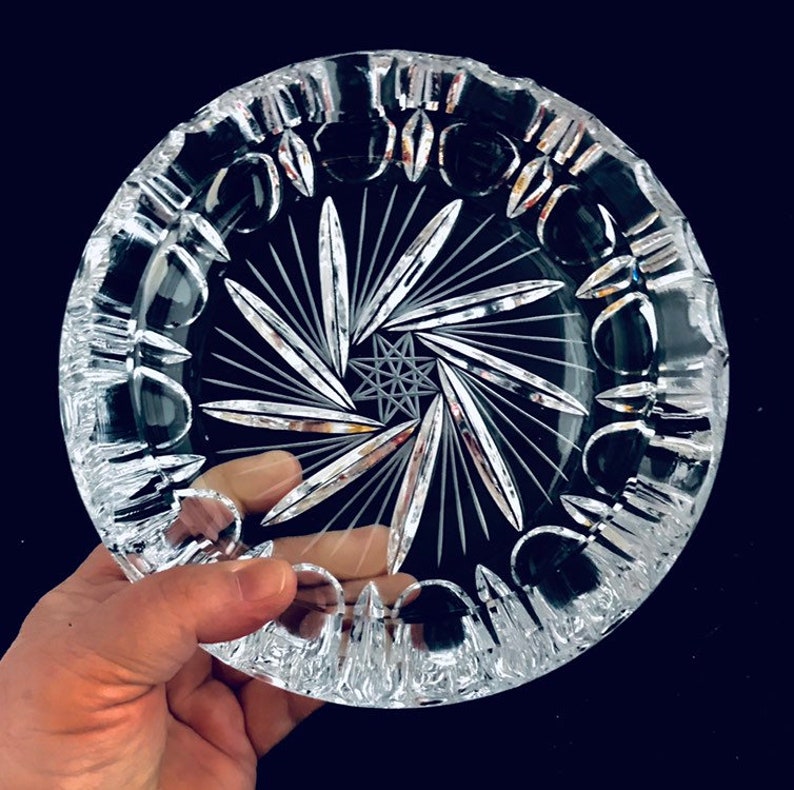 Stunning 7 inch extremely heavy crystal clear ashtray. Rare Antique Hollywood Regency heavy cut lead crystal cigar bowl