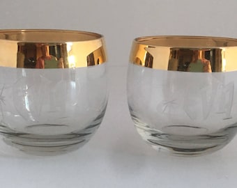 Vintage 70's Gold Rimmed glasses engraved for EVA. Pair of 24 k gold gilded glasses. Engraved with EVA.