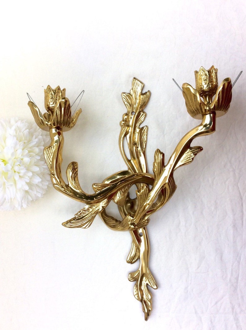 brass wall candle holders on Vintage Guilded Solid Brass Wall Sconce Candelabra Or Candle Etsy