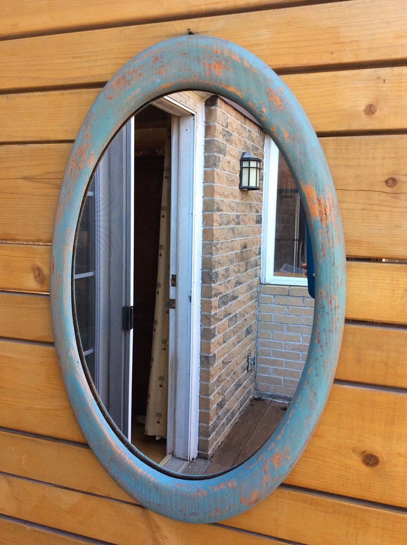 Vintage Shabby Chic Oval Mirror Painted Snd Distressed Large Mirrot In Provence Patina Colour