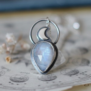 Handmade Sterling Silver Moonstone and Moon Necklace, June Birthstone, Lovers Moon Gift, Bohemian Jewelry, Witchy Wiccan, Celestial Jewelry