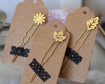 Botanicals Golden Hair pins Set, Oak Leaf, Maple Leaf and Flower Hair Pin Set, Leaves Hair Clips, Handmade hair accessory, Woodland Hairpins