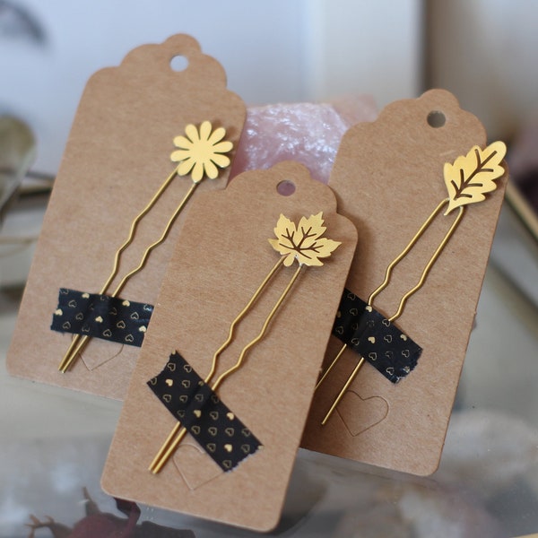Botanicals Golden Hair pins Set, Oak Leaf, Maple Leaf and Flower Hair Pin Set, Leaves Hair Clips, Handmade hair accessory, Woodland Hairpins