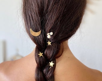 Crescent Moon and Stars Hairpins set, Hair pins for women, Celestial Bride Accessories, Astrology Hair Jewelry, Bridesmaids Hairpins