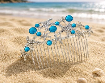 Starfish Hair Comb Pearls, Turquoise Rhinestone Starfish Jewelry, Beach Theme Wedding Bridal Vail Comb Beach, Nautical Theme Accessory