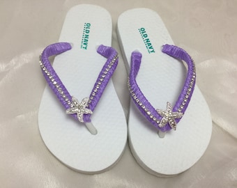 Starfish Flower Girl Flip Flops, Flower Girl Lavander Flip Flops Girls Rhinestones Flip Flops, Kids Beach  Wedding Flip Flops,