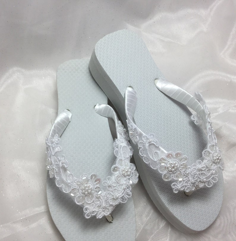 White Bridal Lace Wedge Flip Flop, Bridal Sandals, Beach Wedding ...