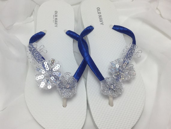 Royal Blue and Silver Bridal Flip Flops 