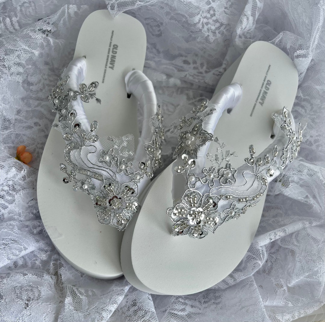 Rhinestone Silver Bridesmaid Flip Flops Slim Silver Gray Custom