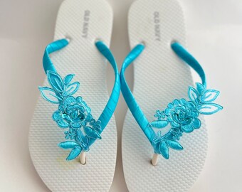 Turquoise Bridal Flip Flops, Satin Ribbon, Wedding Sandals