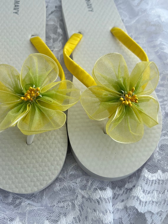 Yellow Organza Flower Flip Flops: Handmade Bridal Sandals