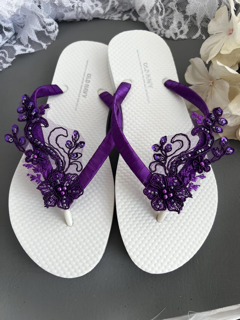 Purple bridal shoes and dress sneakers - purple bridal beaded lace flip flops
