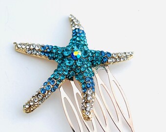 Starfish Hair Comb with Turquoise Rhinestones, Gold Wedding Accessory