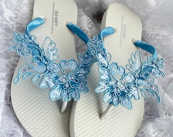 Blue Mist Lace Wedding Flip Flops, Bridal Sequin Sandals