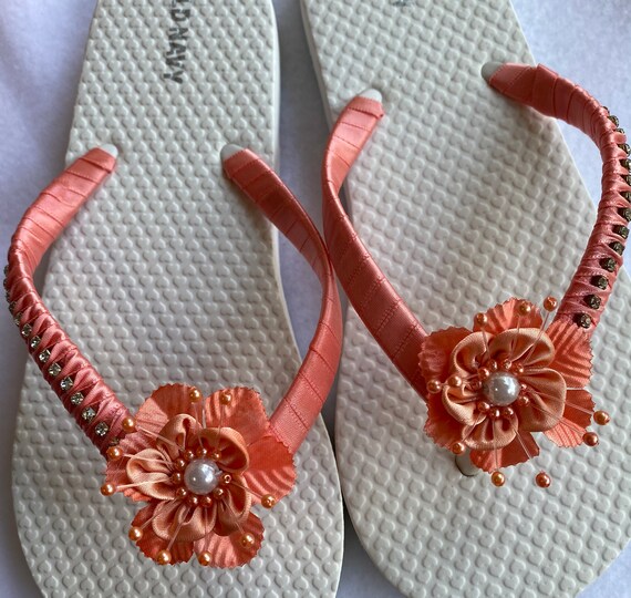 Coral Bridal Flip Flops Flower Girl Coral Flip Flops Girls Etsy