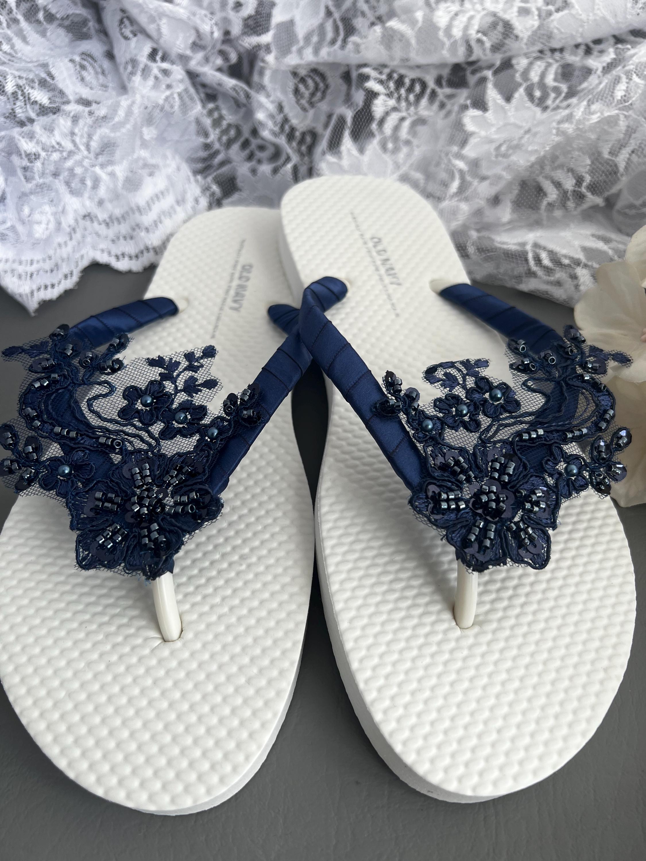 Navy Blue Lace Bridal Flip Flops, Navy Lace With Pearls and