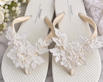 Bridal Flip Flops, Ivory Lace Beaded Wedding Shoes, Soft Beach Footwear, Bride Bridesmaid Reception Gift
