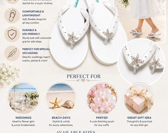 Flower Girl Flip Flops, White Starfish Sandals, Beach Wedding Shoes, Junior Bridesmaid Sandals, Kids Wedding Flip Flops, White Bridal Sandal