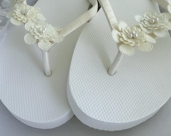 Bridal Ivory Flower Flip Flops, Beach Wedding Sandals