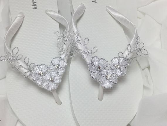 White Bridal Flip Flops, White Lace Flip Flops, Bridal Sandals