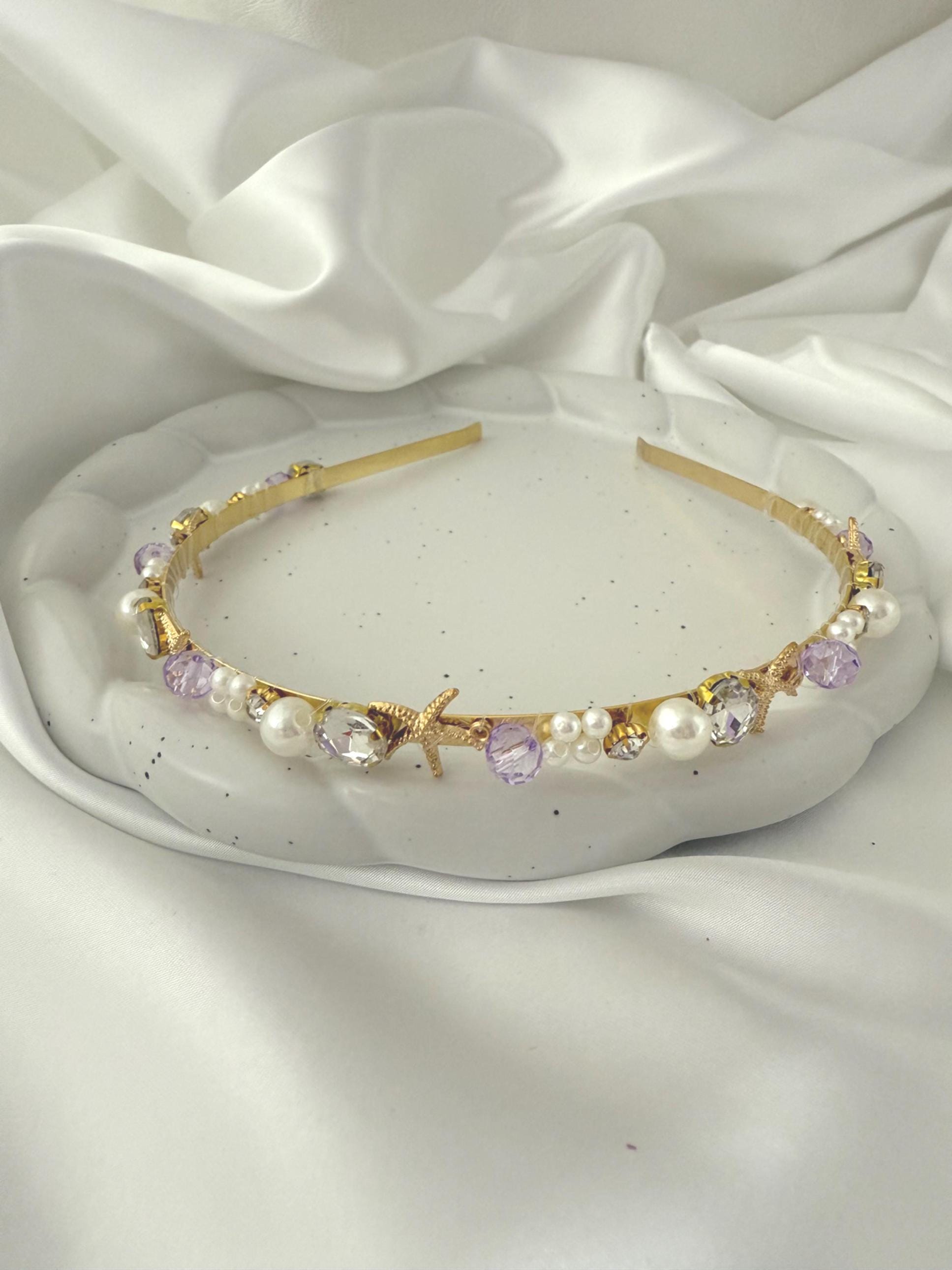 Bridal Headband, Gold Starfish, Pearl, Lavender Hair  display picture 1