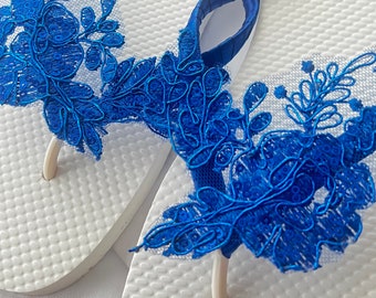 Royal Blue Lace Wedding Flip Flops, Bridal Beach Sandals