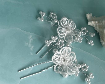 Weiße Spitze Blume Braut Silber Haarnadel, Braut Blume Spitze Haarnadel, Braut Pin, Haarnadel Hochzeit, Braut Perle Haarschmuck, 2er-Set