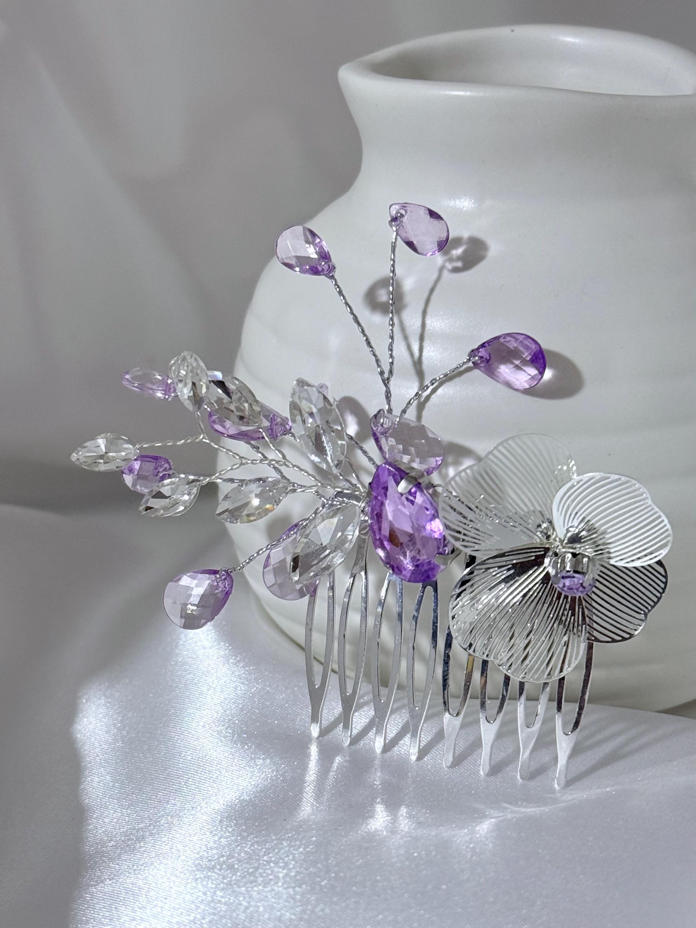 Lavender Bridal Hair Comb: Silver Flower, Rhinestone Wedding 