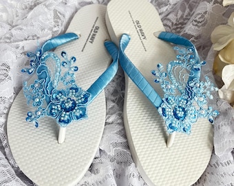 Sky Blue Lace Bridal Flip Flops, Wedding Sandals