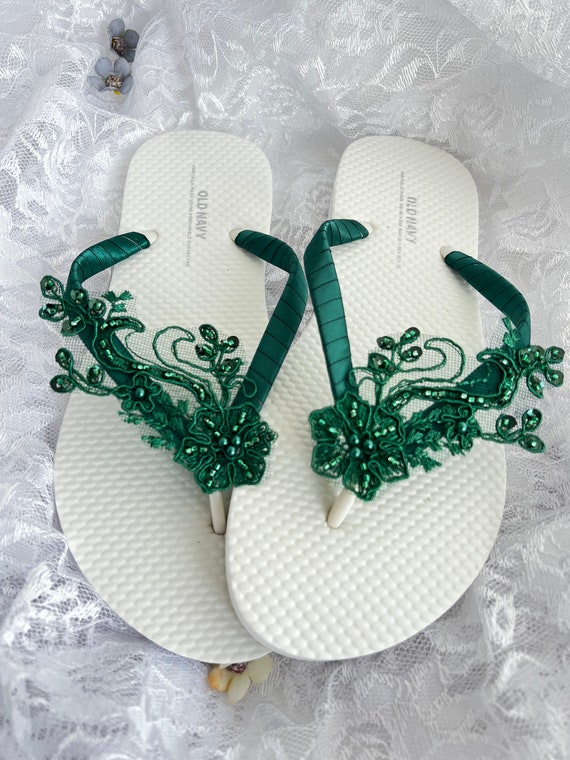 Hunter Green Bridal Flip Flop, Beaded Lace Bridal Sandals, Beach