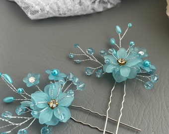Blue Flower Hair Pieces Pearls and Rhinestones, Bridal Turquoise Hair Pin, Blue Hair Pins for the Bride, Blue Bride Hair Accessory, Set of 2