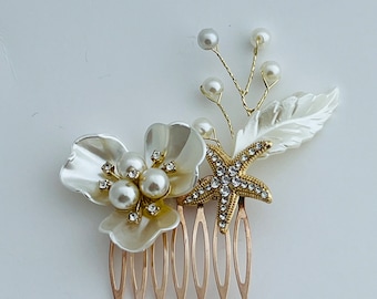 Gold Rhinestones Starfish Wedding Hair Comb, Starfish Bridal Hair Comb, Wedding Pearls and Starfish Comb, Ivory And Gold Bridal Comb