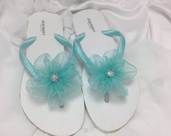 Aqua Bridal Flip Flops, Organza Flower Wedding Sandals, Flip Flop, Bridal Sandals, White Wedding Flip Flops, Bridal Gift Party