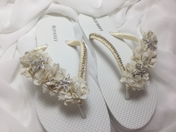 Bridal Flip Flops Ivory Flower Flip Flopsstarfish Bridal Etsy