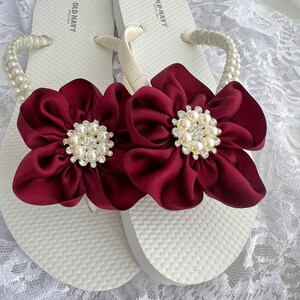 Bridal Burgandy Satin Flower Flip Flops, Wedding Flip Flops,  Bridal Burgandy Flower Flip Flops, Beach Wedding Sandals, Pearl Flip Flops
