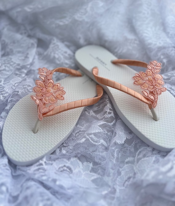 Peach Lace Flip Flop, Bridal Sandals, Lace Beaded Peach Wedding