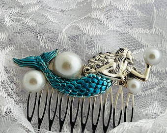 Pettine per capelli a sirena, pezzo di capelli a sirena turchese con perle, gioielli per capelli da sposa, accessori per capelli da spiaggia, accessorio per capelli con perle da sposa
