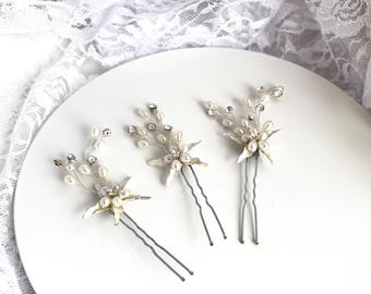 Perlen Braut Haarnadeln 3er Set, Ivory Hochzeit Haarschmuck mit Kristall Akzenten, Florale Haarnadeln, Brautjungfer Haarteil, Elegante Pins