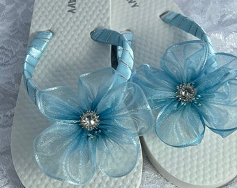 Blue Organza Flower Bridal Flip Flops, Beach Wedding Sandals