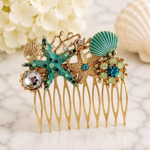 Goldener Haarkamm „Unter dem Meer“, türkisfarbener Seestern als Haarschmuck für die Strandhochzeit, Muschel-Haarkamm, Strand-Haaraccessoires