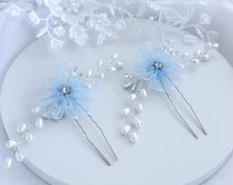 Light Blue Organza Flower Hair Pins, Pearl Bridal Hair Accessories, Something Blue Wedding Hair Pins, Blue Organza Flower Slides, Set of 2